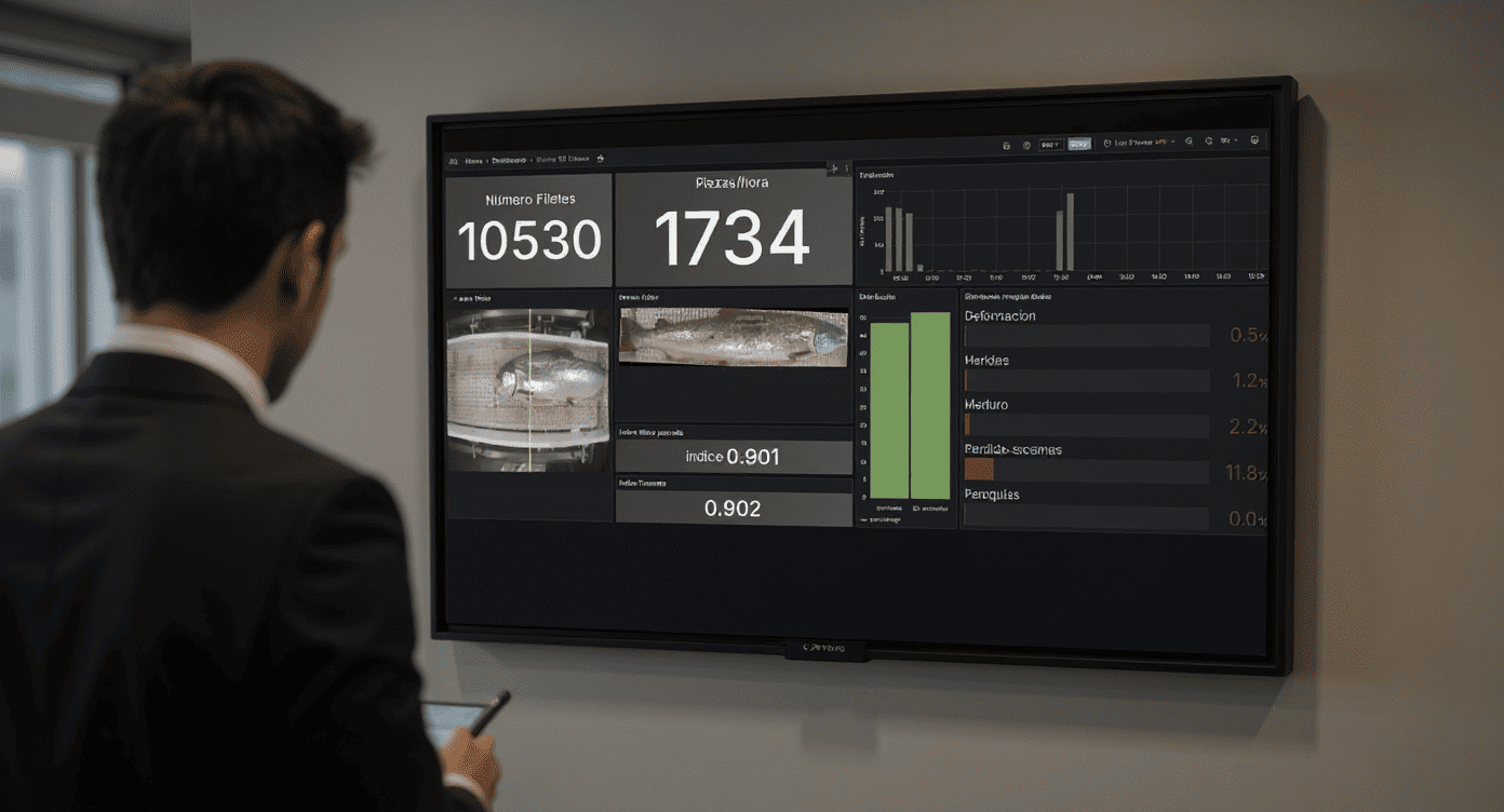 Dashboard Q-Scan con distribución de defectos en salmones enteros